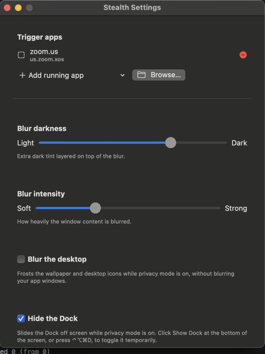 Stealth settings — trigger apps, blur darkness and blur intensity sliders