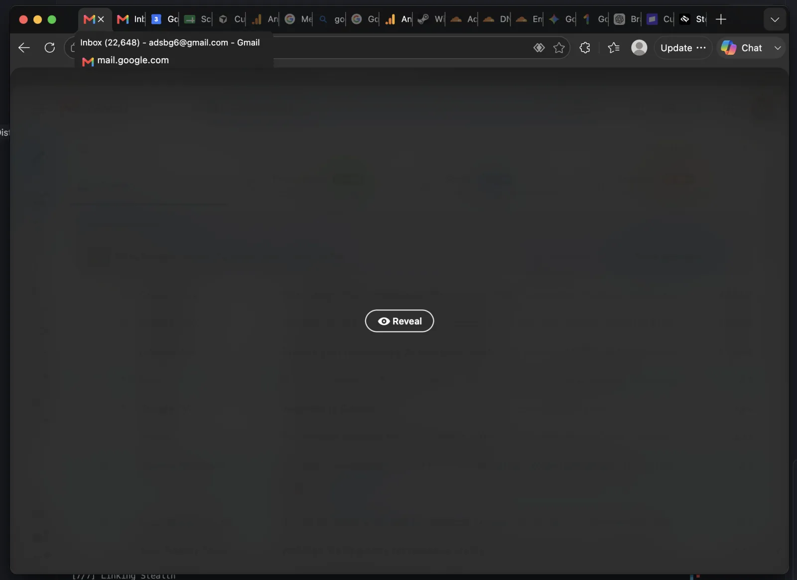 Chrome with a Gmail tab blurred by Stealth — only the page content is frosted, with a Reveal button